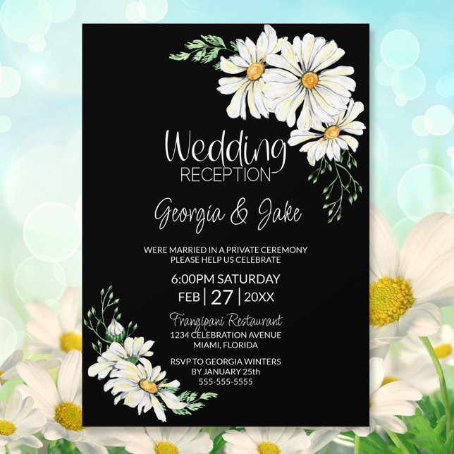 Moody Black with White Daisies Wedding Reception Invitation (Creator Uploaded)