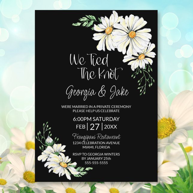 Moody Black with White Daisies Wedding Reception Invitation (Creator Uploaded)