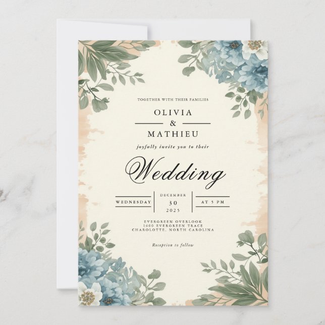 Moody Blue Botanical Romance Wedding Invitation (Front)