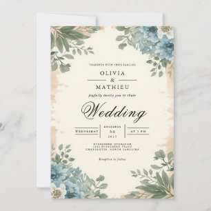 Moody Blue Botanical Romance Wedding Invitation