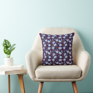 Moody Blue Clematis Trailing Floral Pattern Cushion