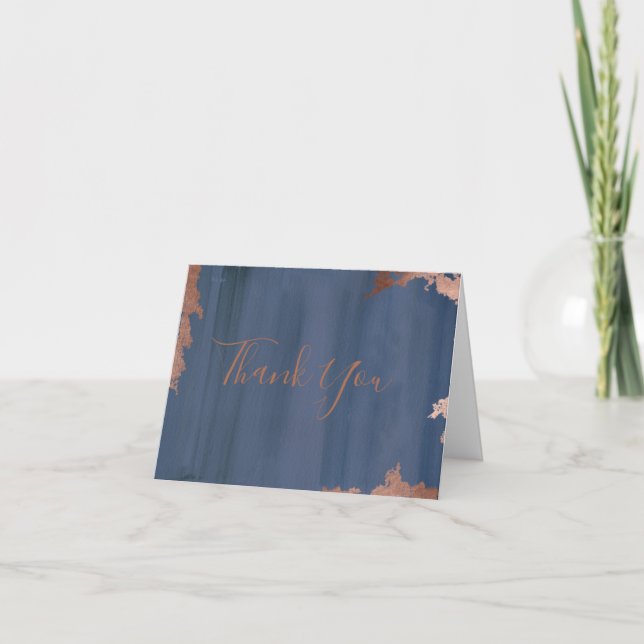 Moody Blue Copper Metallic Wedding Photo Thank You Card (Front)