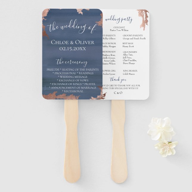 Moody Blue Copper Wedding Program Hand Fan (Front and Back)
