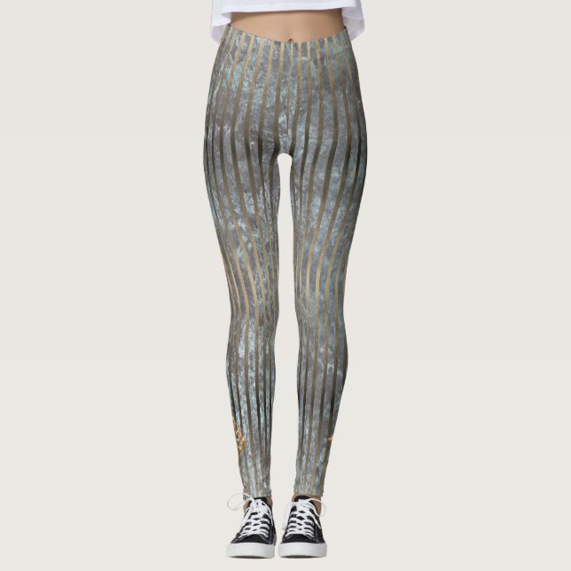 Moody Blue & Gold Stripe Pattern Leggings (Front)