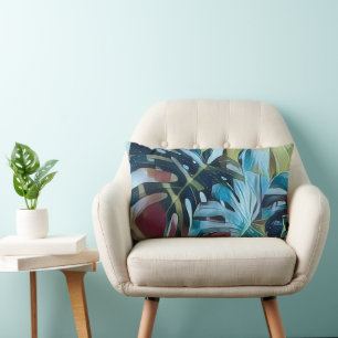 Moody Blue Monstera Leaves Botanical Theme Lumbar Cushion