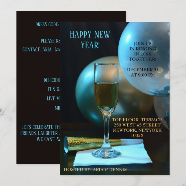 Moody Blue New Year Champagne Flute  Invitation (Front/Back)