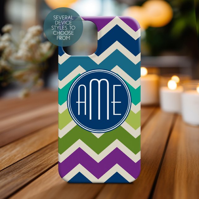 Moody Blue Purple Colours Chevron Pattern Monogram Case-Mate iPhone Case (Personalized Phone Case with Monogram)