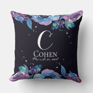 Moody Blue Purple Floral Monogram Cushion