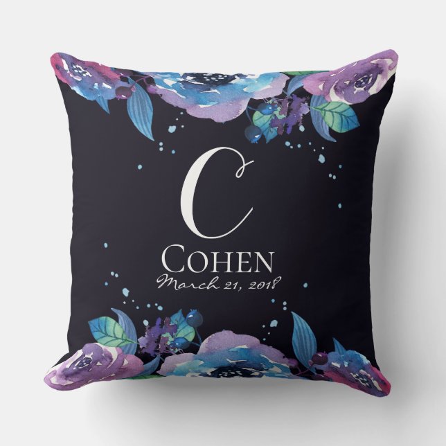Moody Blue Purple Floral Monogram Cushion (Front)