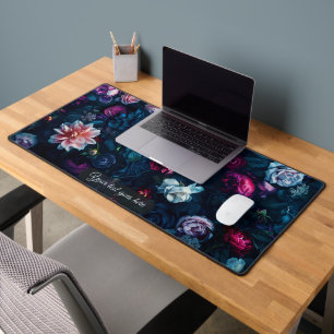 Moody Blue Rose Floral Dark Teal Personalised Desk Mat