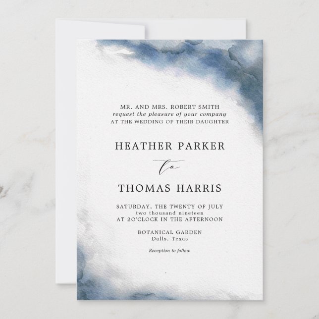 Moody Blue Watercolor Classic Elegant Wedding Invitation (Front)