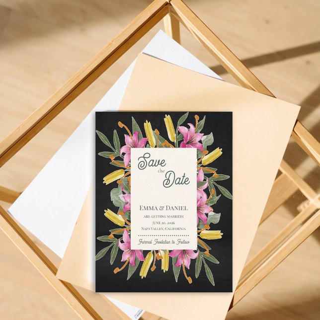 Moody Blush Lily Black Floral Save the Date Announcement Postcard (Moody Blush Lily Save the Date | Elegant Black Floral Botanical Wedding Save the Date Card )