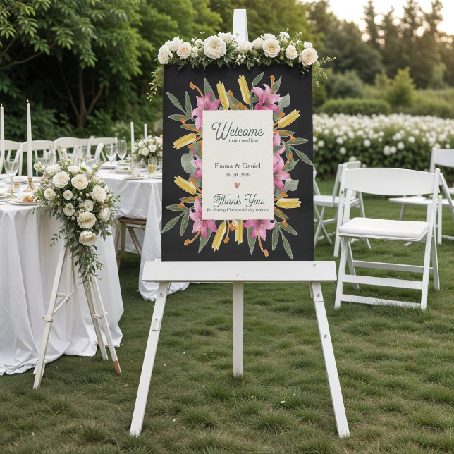 Moody Blush Lily Black Floral Wedding Welcome Sign (Moody Blush Lily Wedding Welcome Poster | Elegant Black Floral Botanical Wedding Sign)