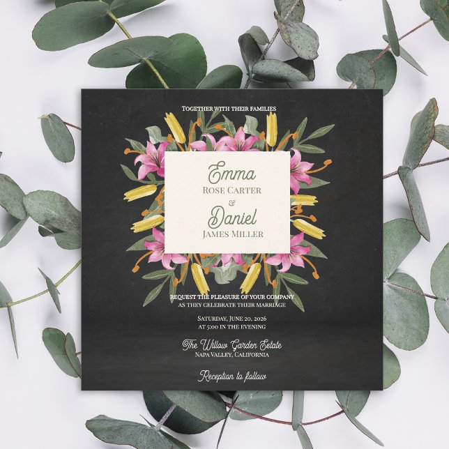 Moody Blush Lily Elegant Romantic Black Wedding Invitation (Moody Blush Lily Black Wedding Invitation | Elegant Dark Floral Botanical Evening Wedding Invite)