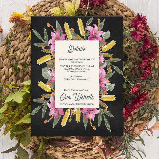 Moody Blush Lily Wedding Details Information Enclosure Card (Moody Blush Lily Wedding Details Card | Elegant Black Floral Botanical Information Insert)