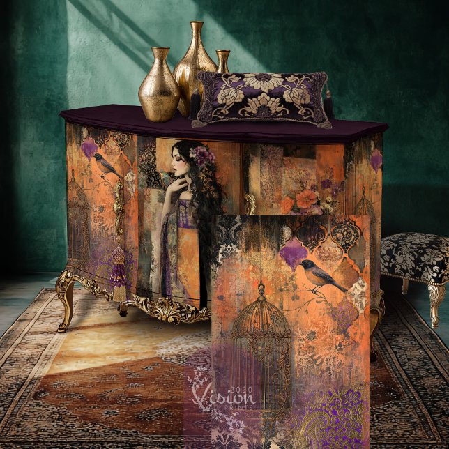 Moody Boho Bird & Birdcage Patchwork Art Tissue Paper (Mix and Match Moody Boho Patchwork Art, Bird and Cage, Moroccan Elements, Decoupage Tissue Paper. )