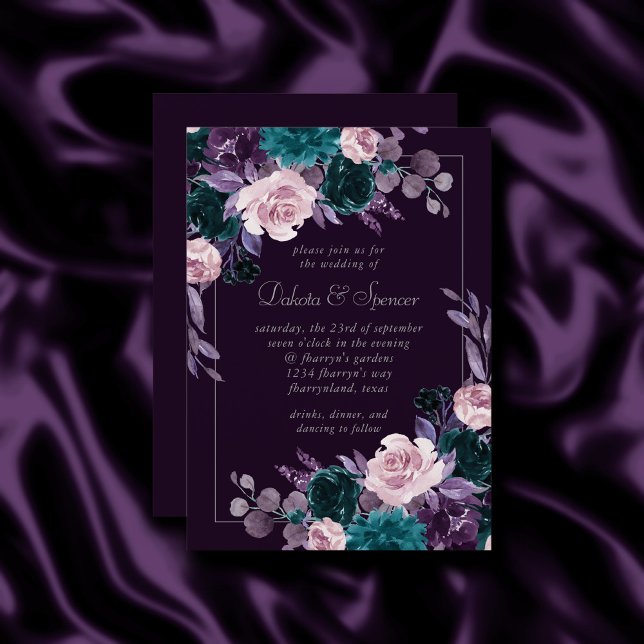 Moody Boho | Dark Eggplant Purple and Teal Bouquet Invitation (Creator Uploaded)