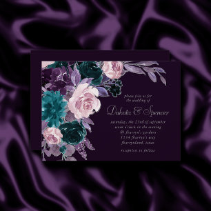 Moody Boho Dark Eggplant Purple and Teal Bouquet Invitation