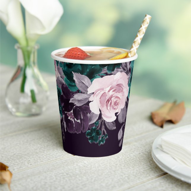 Moody Boho | Dark Eggplant Purple and Teal Garland Paper Cups (Insitu)