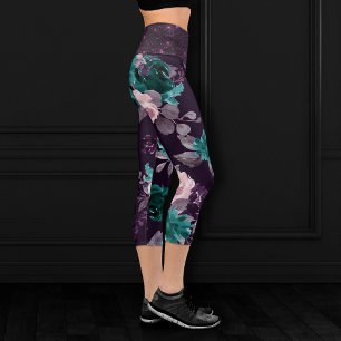 Moody Boho Dark Eggplant Purple and Teal Shimmer Capri Leggings