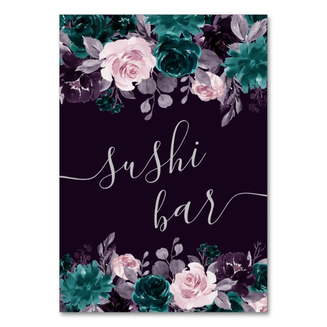 Moody Boho | Dark Eggplant Purple and Teal Sushi Table Number (Front)