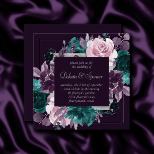 Moody Boho Dark Eggplant Purple and Teal Wreath Invitation