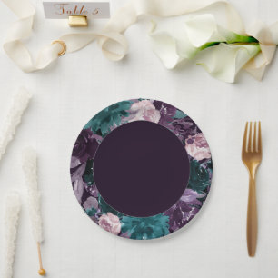 Moody Boho   Dark Eggplant Purple and Teal Wreath Paper Plate