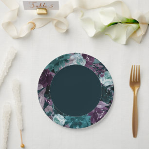 Moody Boho   Deep Teal and Purple Floral Wreath Paper Plate