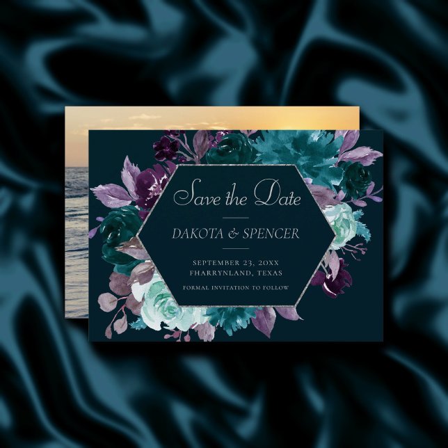 Moody Boho | Deep Teal and Purple Garland 2 Photo Save The Date (Creator Uploaded)
