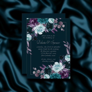 Moody Boho   Deep Teal Turquoise Purple Bouquet Invitation
