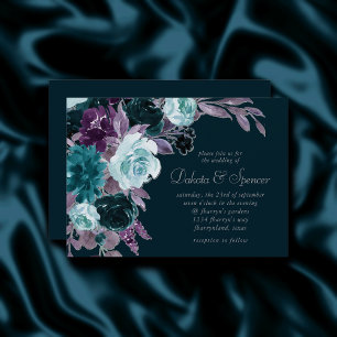 Moody Boho   Deep Teal Turquoise Purple Bouquet Invitation