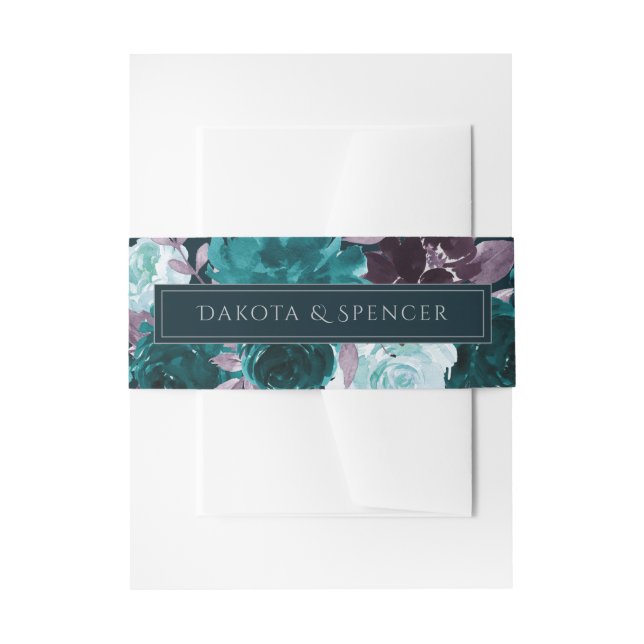 Moody Boho | Deep Teal Turquoise Purple Garland Invitation Belly Band (Front Example)