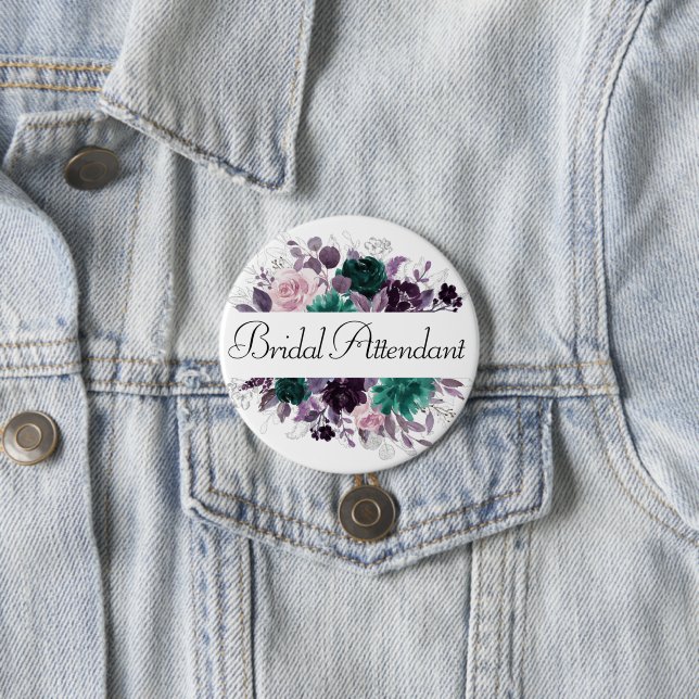 Moody Boho | Eggplant Purple and Teal Bridal Party 7.5 Cm Round Badge (In Situ)