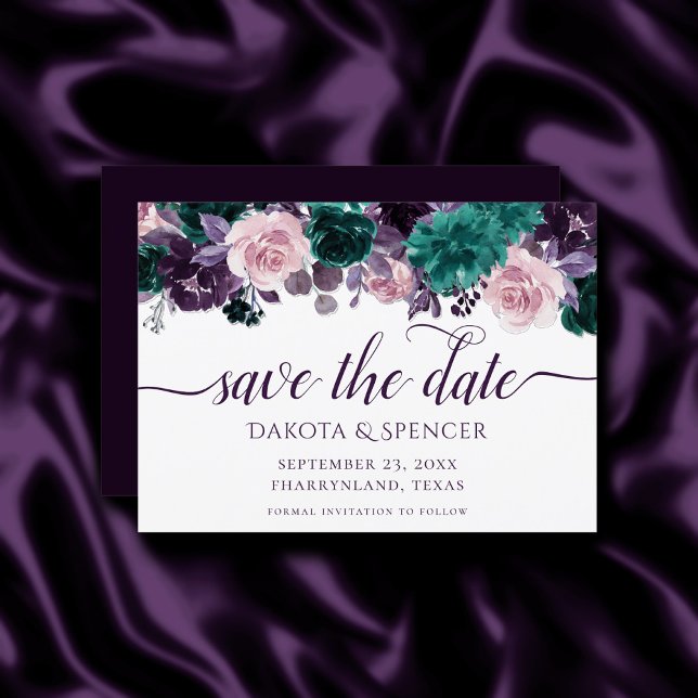 Moody Boho | Eggplant Purple and Teal Dark Floral Save The Date (Creator Uploaded)