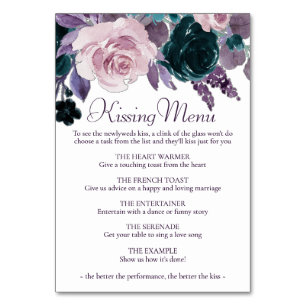 Moody Boho   Eggplant Purple and Teal Kissing Menu Table Number