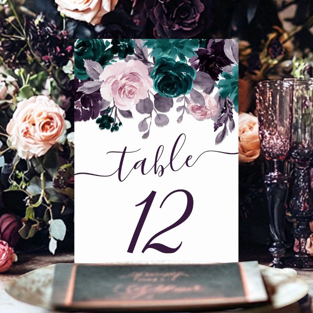 Moody Boho | Eggplant Purple and Teal Rose Garland Table Number (Creator Uploaded)