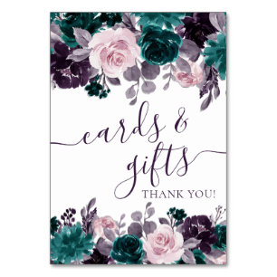 Moody Boho   Eggplant Purple and Teal Rose Gift Table Number