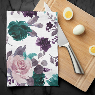 Moody Boho   Eggplant Purple and Teal Rose Pattern Tea Towel