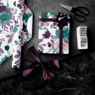 Moody Boho   Eggplant Purple and Teal Rose Pattern Wrapping Paper