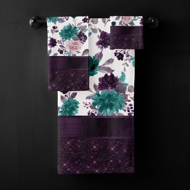 Moody Boho | Eggplant Purple and Teal Rose Shimmer Bath Towel Set (Creator Uploaded)