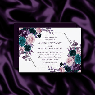 Moody Boho Eggplant Purple and Teal Rose Wedding Invitation