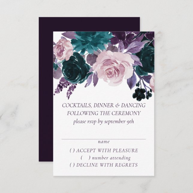 Moody Boho | Eggplant Purple Dark Floral Wedding RSVP Card (Front/Back)