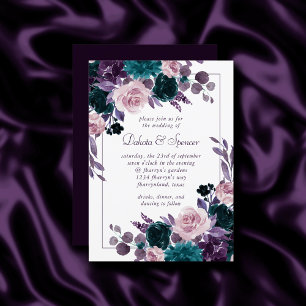 Moody Boho Eggplant Purple Floral Frame Wedding Invitation