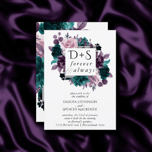 Moody Boho Eggplant Purple Floral Monogram Photo Invitation