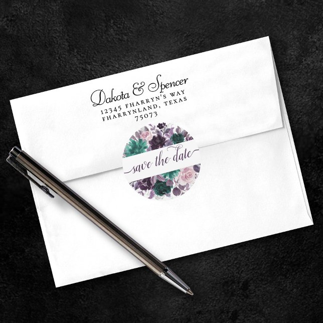 Moody Boho | Eggplant Purple Floral Save the Date Classic Round Sticker (Creator Uploaded)