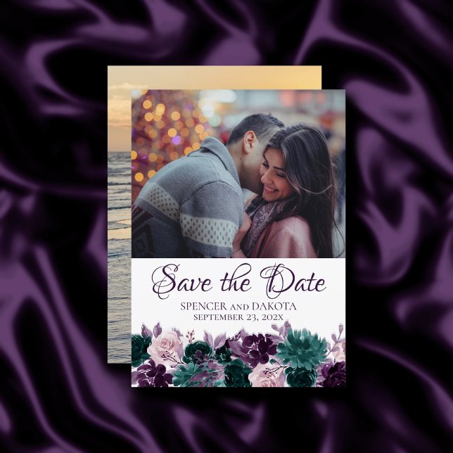 Moody Boho | Eggplant Purple Teal Garland 2 Photo Save The Date (Creator Uploaded)