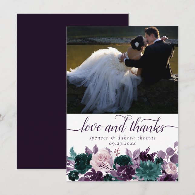 Moody Boho | Eggplant Purple Teal Photo Love and Thank You Card (Front/Back)