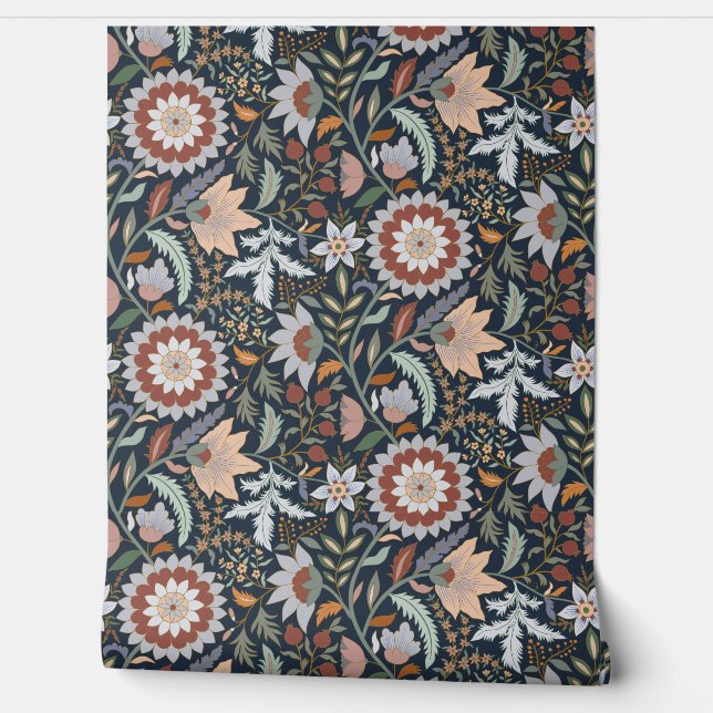 Moody Boho Indian floral with Dark Blue background Wallpaper (Unrolling)