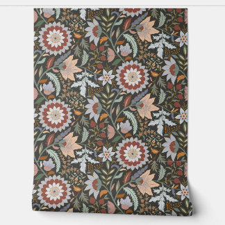 Moody Boho Indian floral with dark grey background Wallpaper