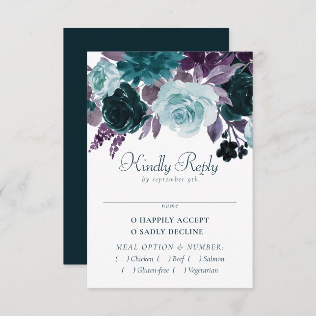 Moody Boho | Teal and Eggplant Purple Rose Entree RSVP Card (Front/Back)